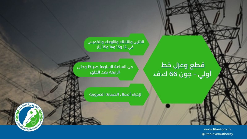 قطع وعزل خط أولي-جون من الاثنين حتى الخميس من الـ7 صباحا وحتى الـ4 بعد الظهر لأعمال الصيانة