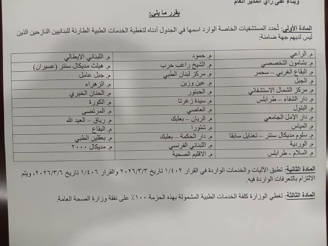 اسماء المستشفيات الخاصة التي اصبحت تقدم خدمات ١٠٠٪؜ على نفقة الوزارة للنازحين